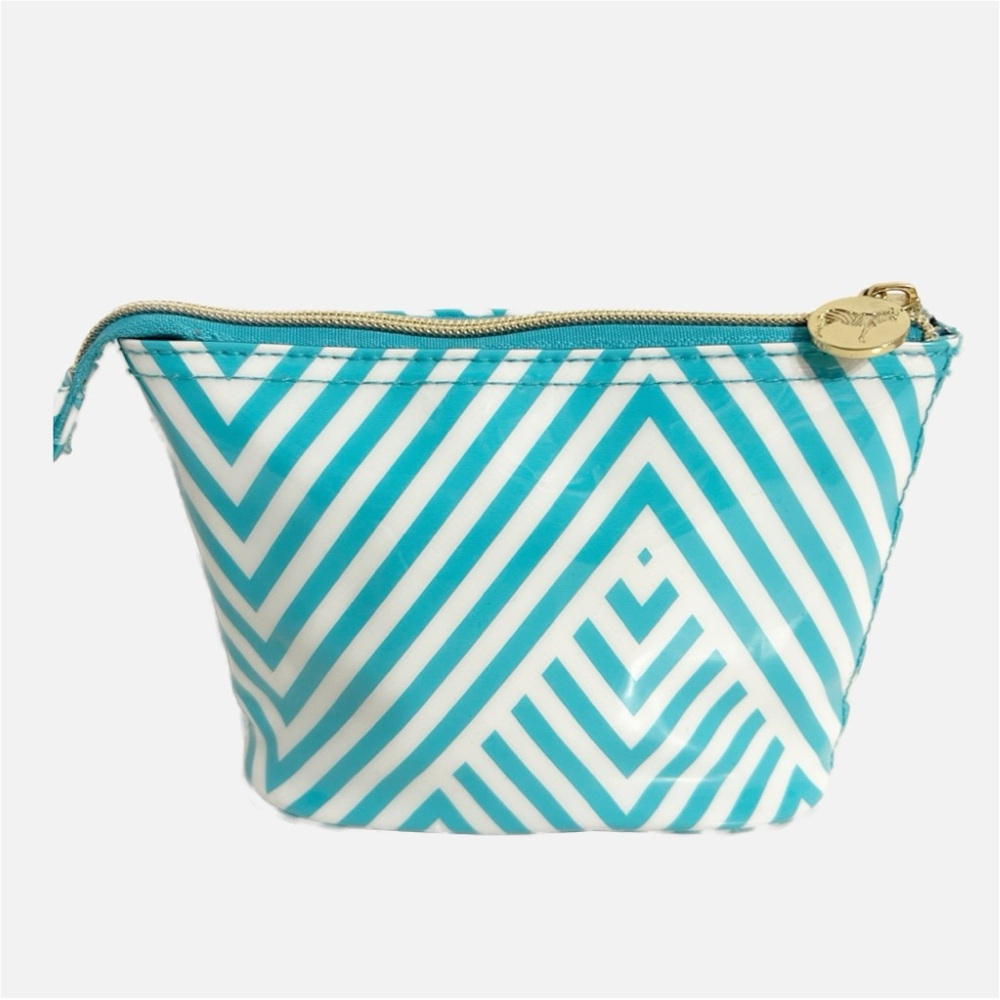 Dabney Lee Striped Chevron Like Pattern Blue and White Cosmetic Makeup Bag Zip